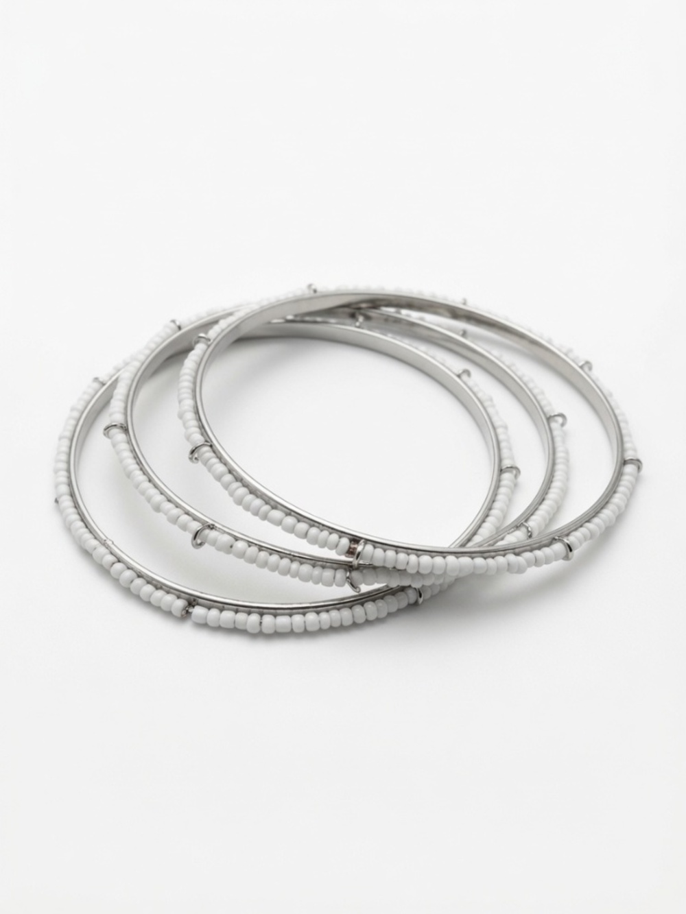 Silver-Tone & White Beaded Bangle Set – 3 Pieces